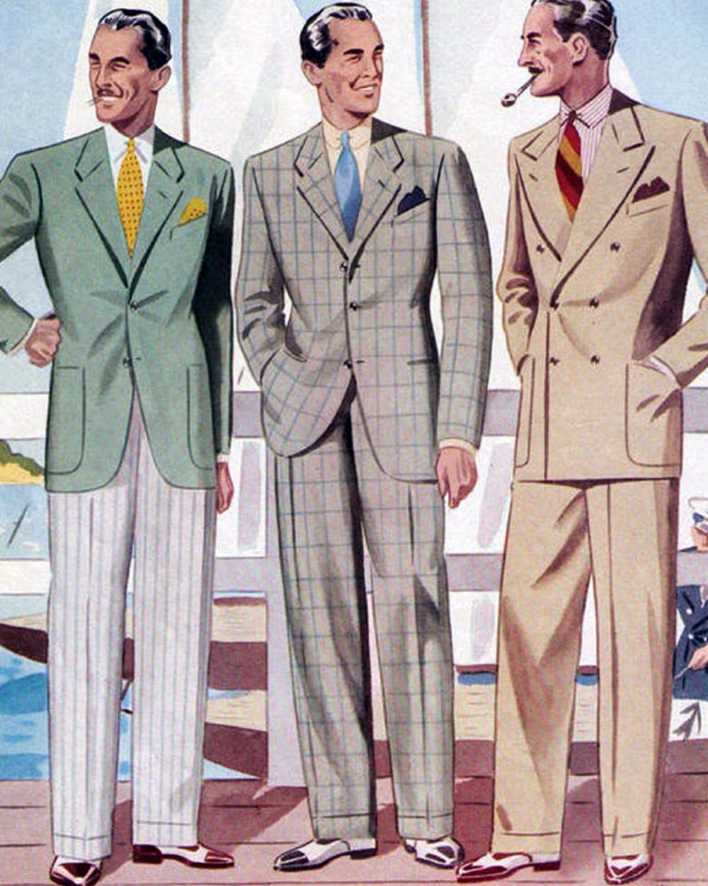 men in 1930s wearing high-waisted pants
