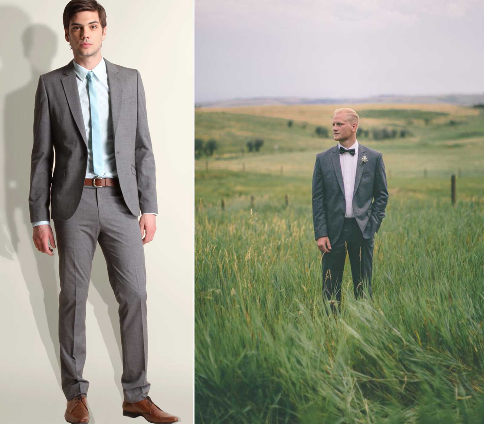 Photos of men wearing fitted, bespoke, grey suits