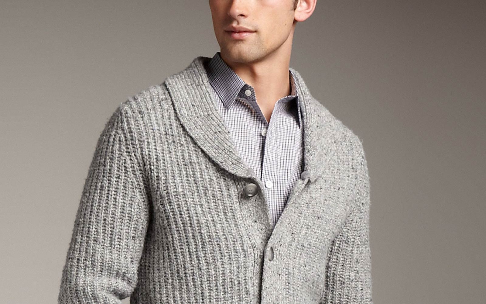 Man wearing grey Shawl Neck Sweater