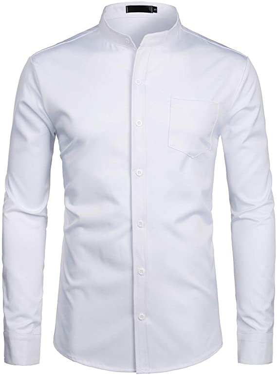 ZEROYAA Mens Banded Collar Slim Fit Long Sleeve Casual Button Down Dress Shirts With Pocket