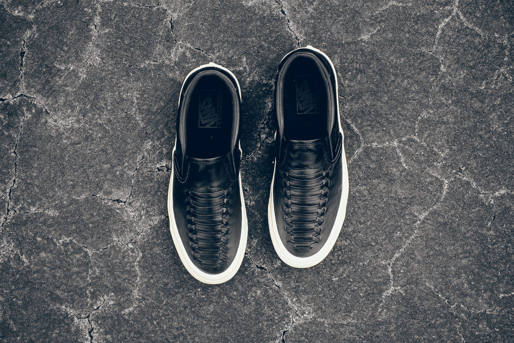 vans black leather slip on sneakers