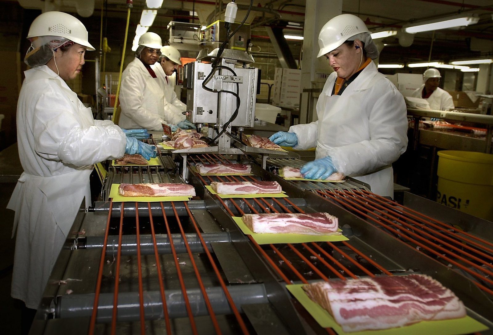 Bacon being packaged in a factory