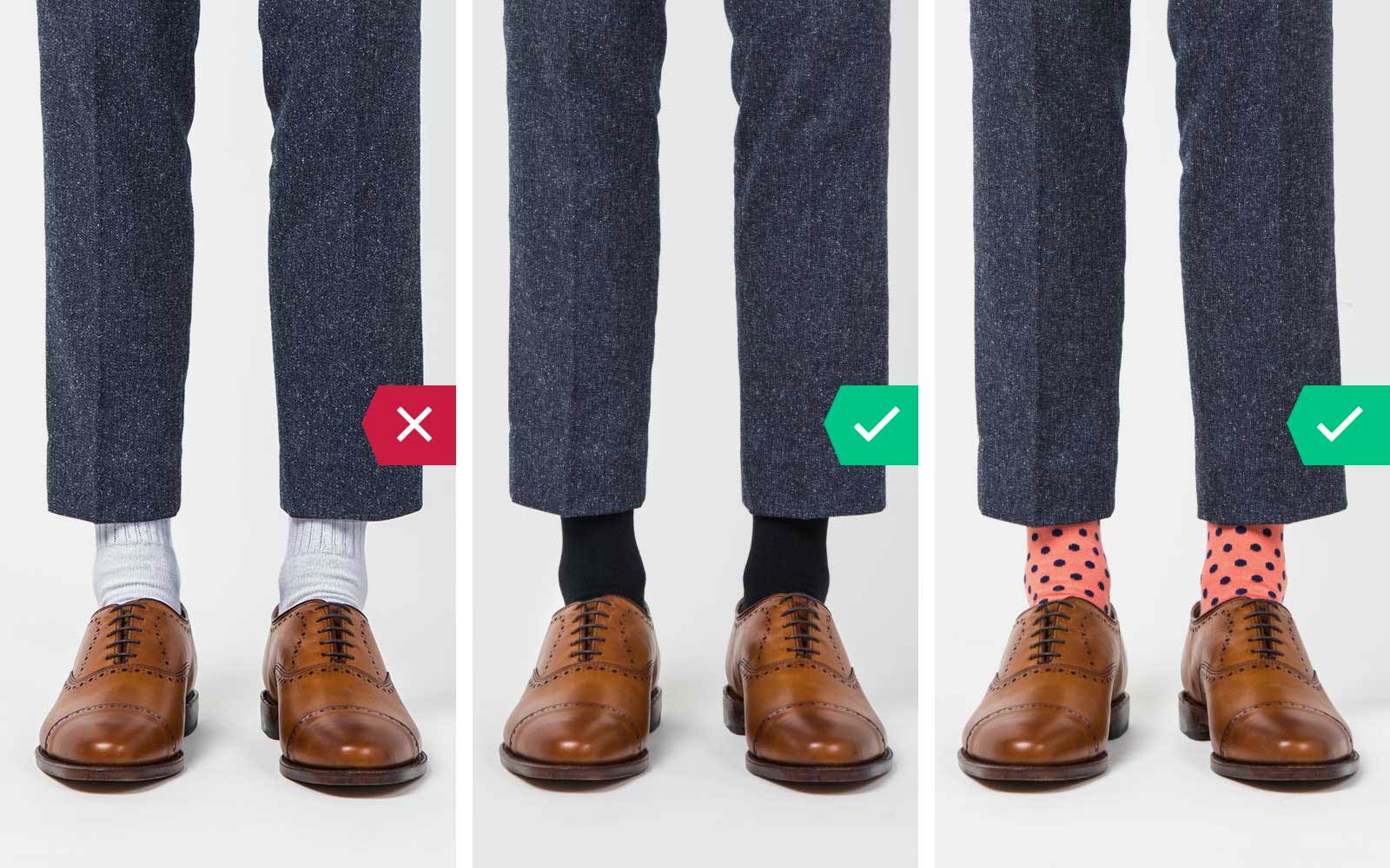 Wearing white socks with dress pants is not OK. Wearing dark and solid or playful socks with dress pants are OK.