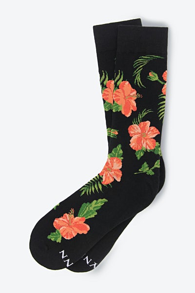 Black Carded Cotton Hibiscus Floral Medium-Large Sock