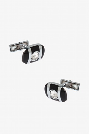 _Oval Striped Rhinestone Black Cufflinks_