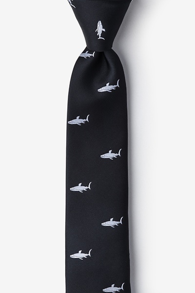 Black Microfiber Swimming Sharks Skinny Tie