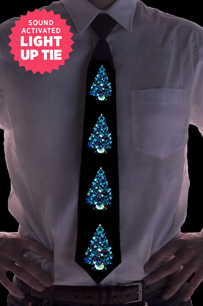 Black Polyester Christmas Trees Sound Activated Light Up Tie