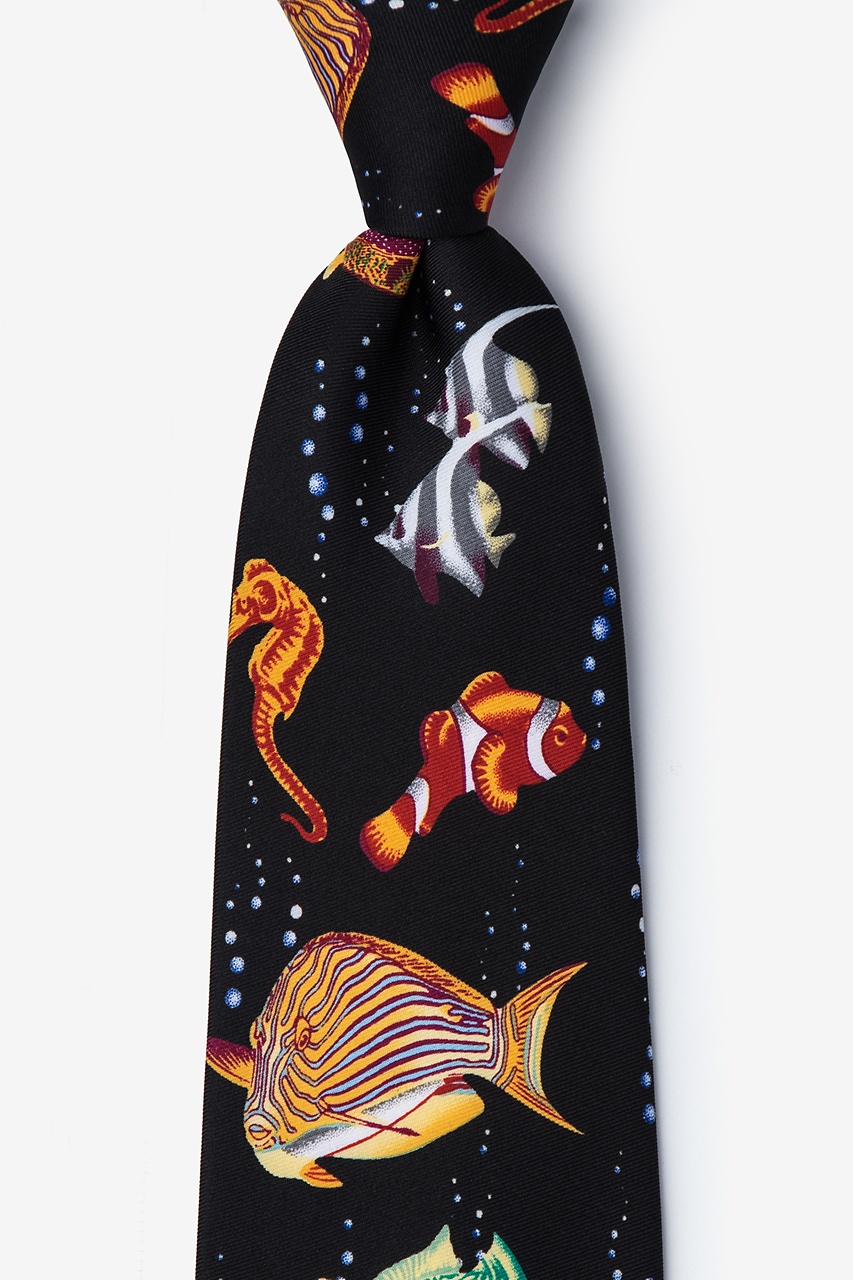 Black Polyester Tropical Fish Extra Long Tie