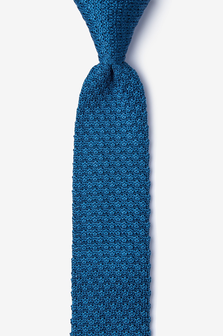 Textured Solid Blue Knit Skinny Tie Photo (0)