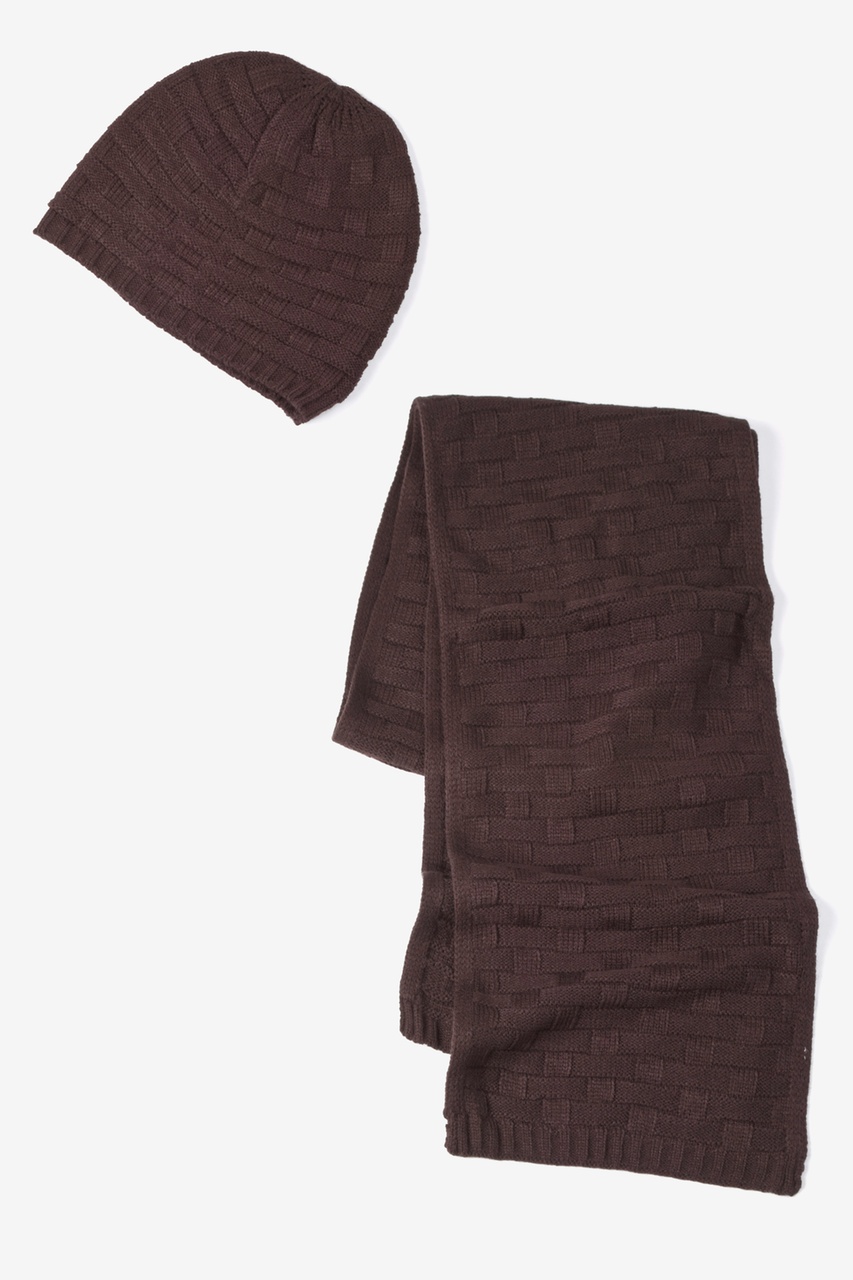 Brown Acrylic Mens Basketweave Scarf And Hat Set