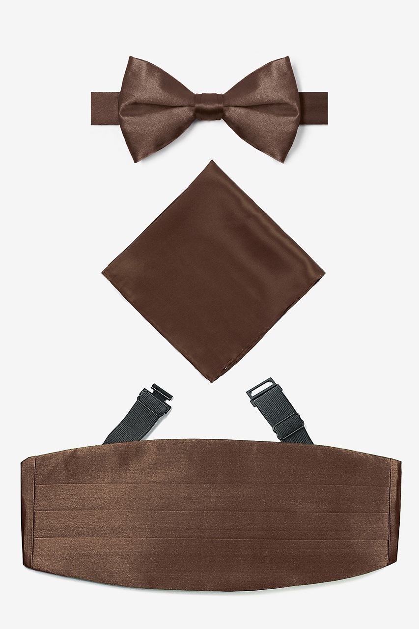 CHOCO-Dark Brown Self-tie Bow Tie+Cummerbund & Hanky Set<Free>P&P 2UK>1 st Class 