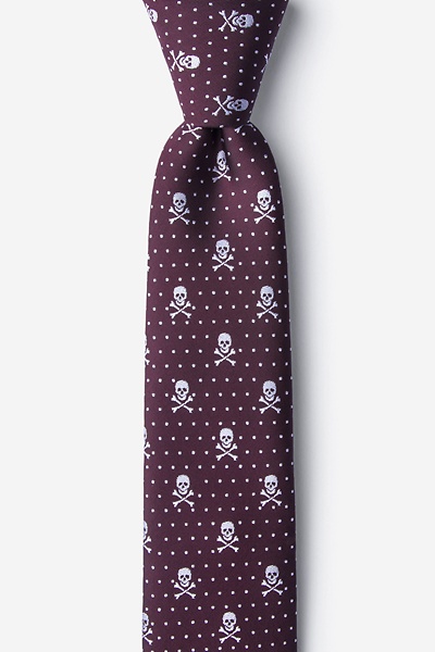 Burgundy Microfiber Skull and Polka Dot Skinny Tie