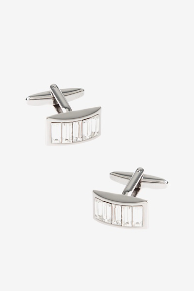 Clear Metal Bejeweled Rounded Bar Cufflinks | Ties.com