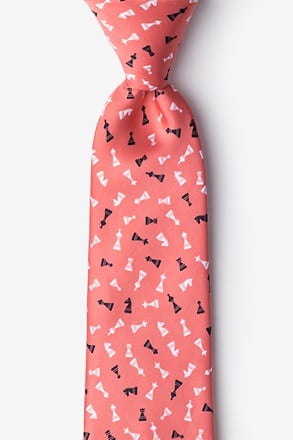 _Tossed Chess Pieces Coral Extra Long Tie_