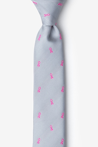 Gray Microfiber Breast Cancer Ribbon Skinny Tie