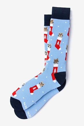 Meowy Christmas Light Blue Sock