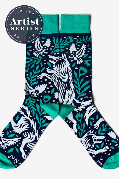 Navy Blue Carded Cotton Alynn® X Joshua Noom Prowling Wolf Medium-Large Sock