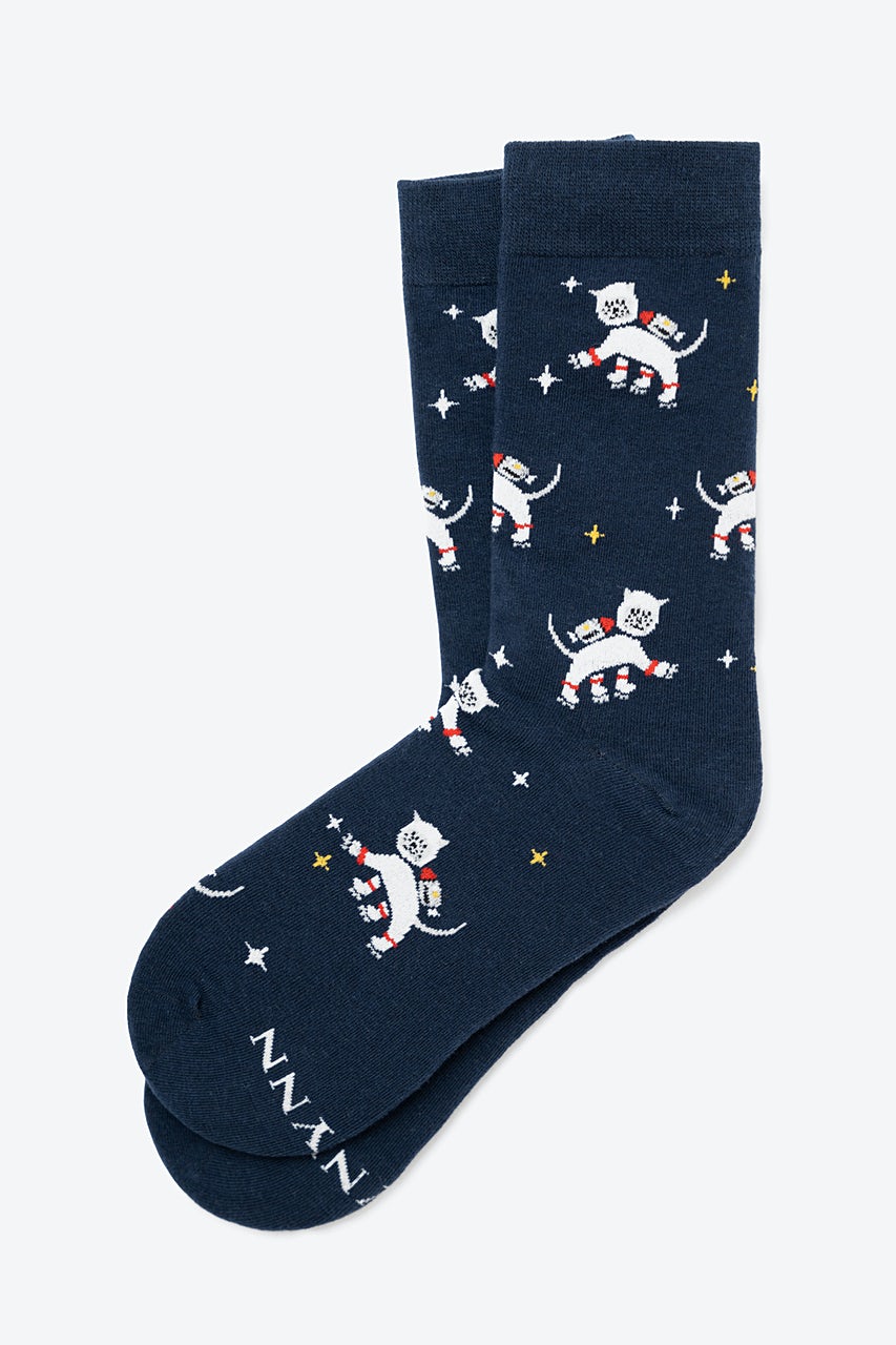 Navy Blue Carded Cotton Catstronaut Women's Sock