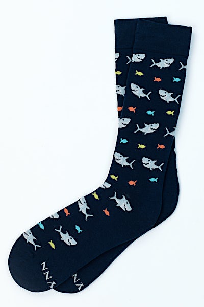 Navy Blue Carded Cotton Shark Attack Medium-Large Sock