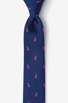 Breast Cancer Ribbon Navy Blue Skinny Tie