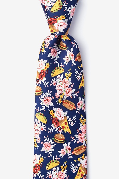 Navy Blue Microfiber Fast Food Floral Extra Long Tie