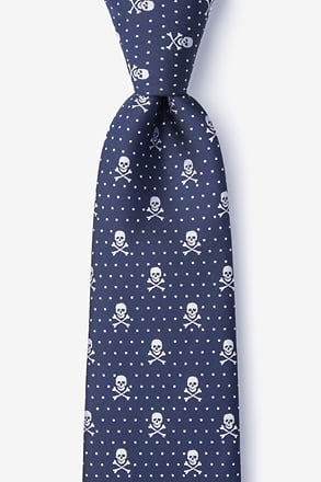 _Skull & Polka Dots Navy Blue Extra Long Tie_