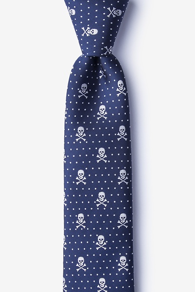 Navy Blue Microfiber Skull & Polka Dots Skinny Tie