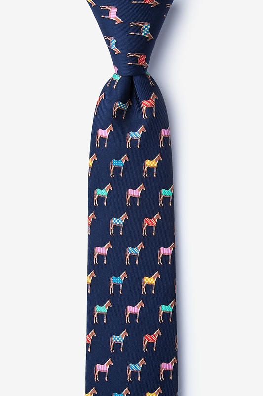 Mens Blue 100% Silk Equestrian Horse Blanket Horse Racing Narrow Skinny Necktie Tie