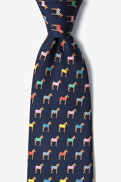 Navy Blue Silk Horse Blankets Tie