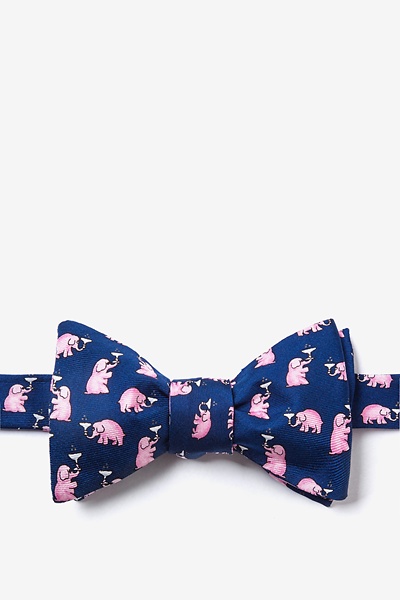 Navy Blue Silk Pink Elephants Self-Tie Bow Tie