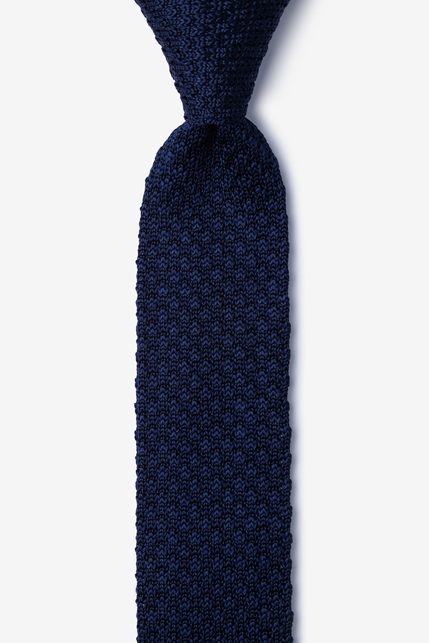 Textured Solid Navy Blue Knit Skinny Tie Photo (0)