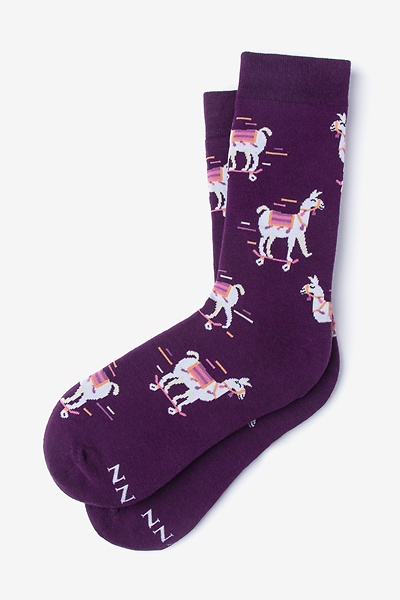 Purple Carded Cotton Skateboarding Llama Small-Medium Sock