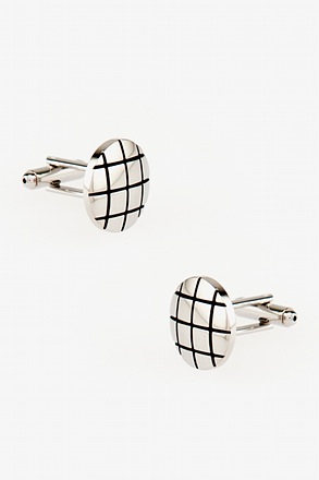 _Windowpane Round Silver Cufflinks_