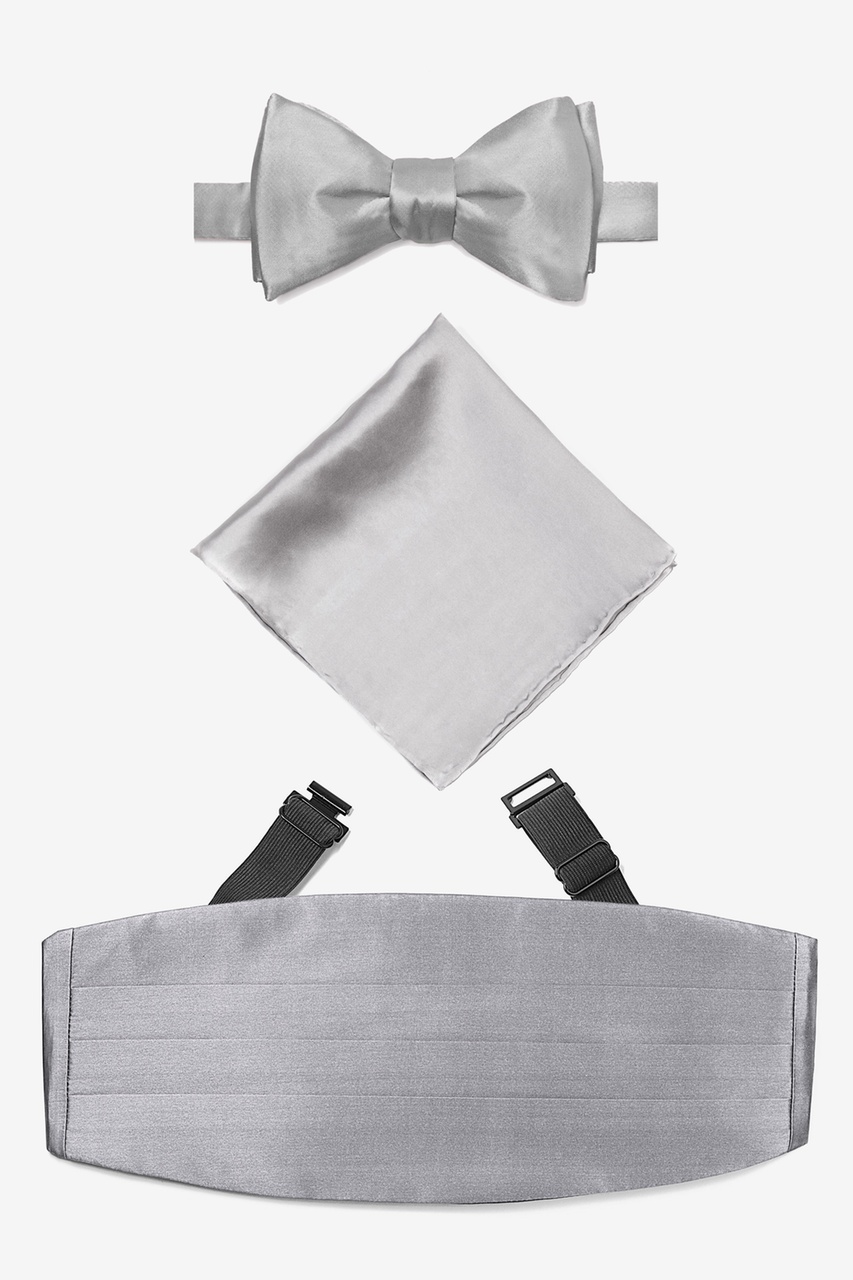 Wedding Silver Self Tie Bow Tie Cummerbund Set