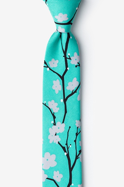 Turquoise Silk Cherry Blossoms Skinny Tie