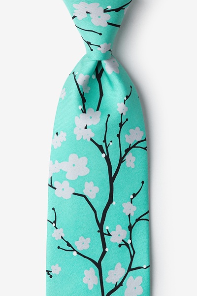 Turquoise Silk Cherry Blossoms Tie
