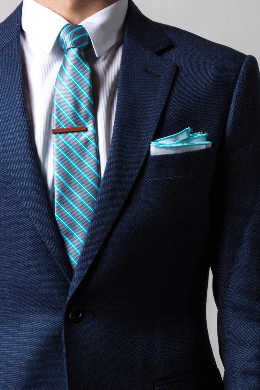 White Linen Pocket Square with Turquoise Embroidered Edge | Ties.com